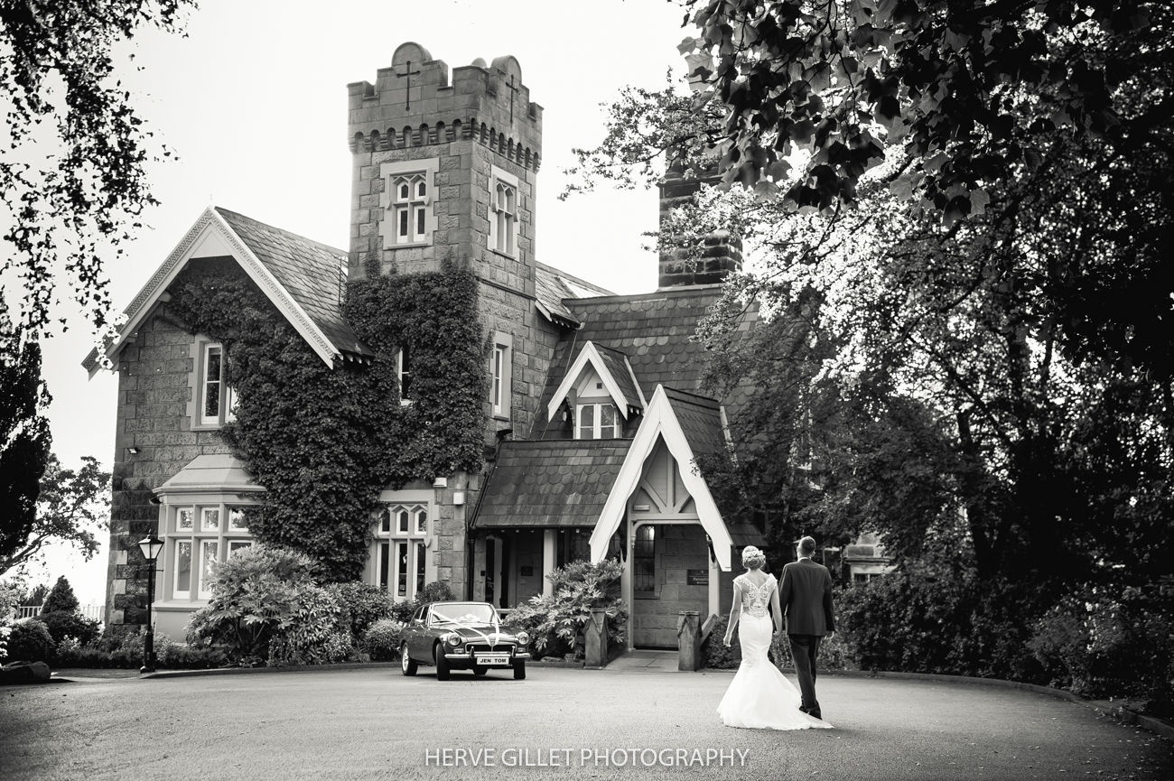 outside the West Tower wedding photograph